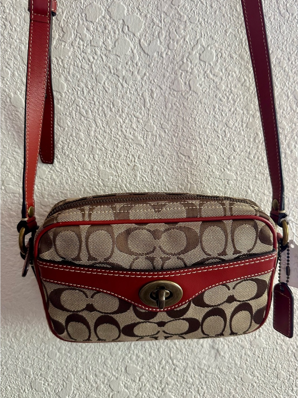 Vintage Coach Signature Canvas Crossbody with Red Leather Trim